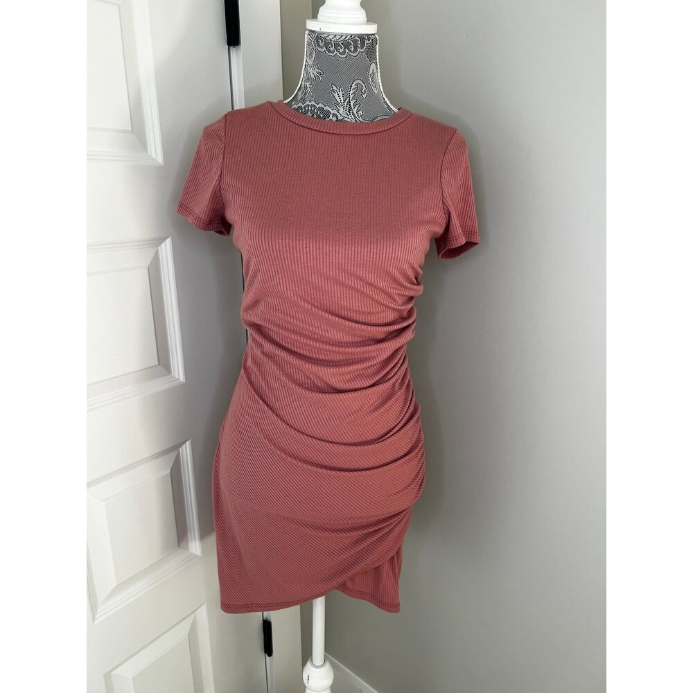 Altar'd State Rose Blush Mauve Pink Ribbed Side Rushing Dress Size Medium M